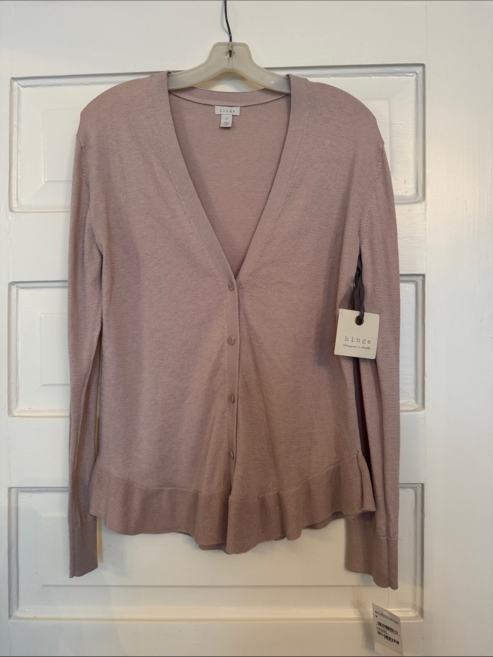 hinge beige V-Neck Ruffle-Hem Cardigan
